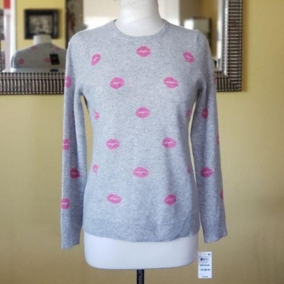 Charter Club 100% Cashmere Lipstick Lips Crewneck Sweater Gray Pink Medium - Picture 4 of 13